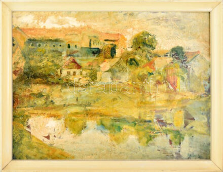 Mészáros Lajos (1925-1971): Alkonyat. Olaj, farost, jelezve jobbra lent. Hátoldalán Képcsarnok Vállalat címkéjével és egy másik címkével. Fakeretben. 60x80 cm