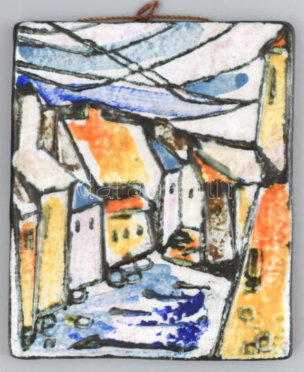 Györgyei Zsuzsa: Szentendre. Fali dísz Mázas kerámia, jelzett, 15x18 cm