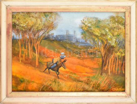 Kádár János Miklós (1939-): Szamárháton (cím nélkül), 1984. Olaj, farost, jelezve jobbra lent. Dekoratív, kissé sérült fakeretben. 50×70 cm