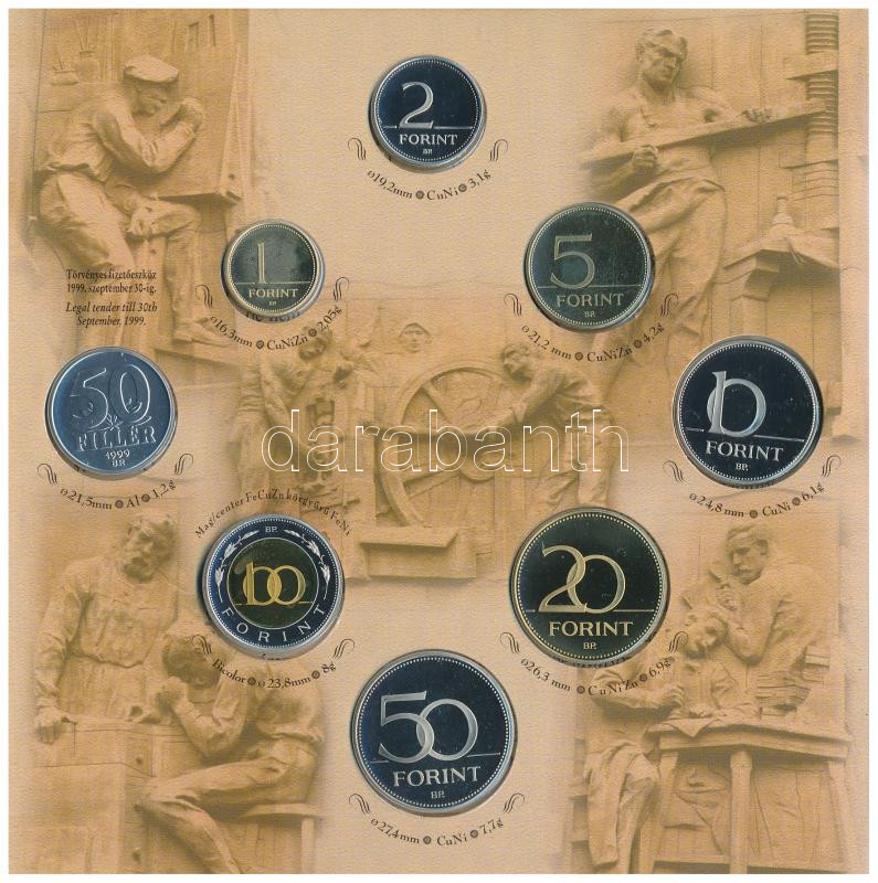 1999. 50f-100Ft (8xklf) forgalmi sor, 'Magyarország pénzérméi' dísztokban, belső borító ragasztása kissé elengedett T:PP kis patina / Hungary 1999. 50 Fillér - 100 Forint (8xdiff) in coin set, in 'Coinset of Hungary' case, the gluing of - Image 2
