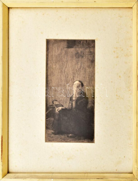 Käthe Kollwitz (1867-1945): Templomfalnál (An der Kirchenmauer). Rézkarc, hidegtű, papír, jelzés nélkül. Üvegezett fakeretben. 23,5×11 cm / Käthe Kollwitz (1867-1945): An der Kirchenmauer. Etching on paper, unsigned. Framed. 23,5×11 cm