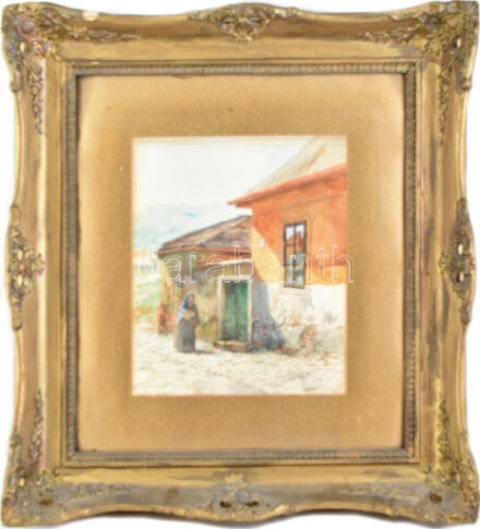 Györgyfy György (1896-1981): Tabáni részlet. Akvarell, papír. Jelzett. Dekoratív, üvegezett, kissé sérült fakeretben, hátoldalán Blattner Gyula budapesti képkeretező 1930 körüli címkéjével. 31,5×26 cm