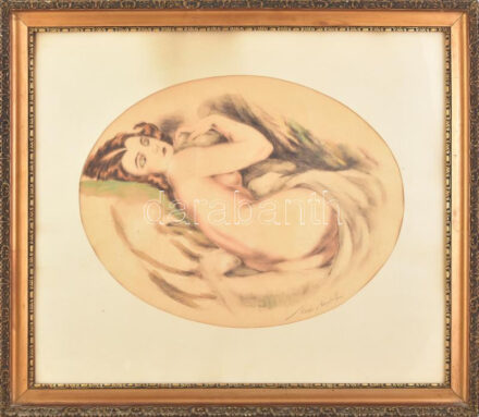 Merényi Rudolf (1893-1957): Alvó női akt. Színezett rézkarc, papír, jelzett. Dekoratív, üvegezett fakeretben, 22,5×42 cm