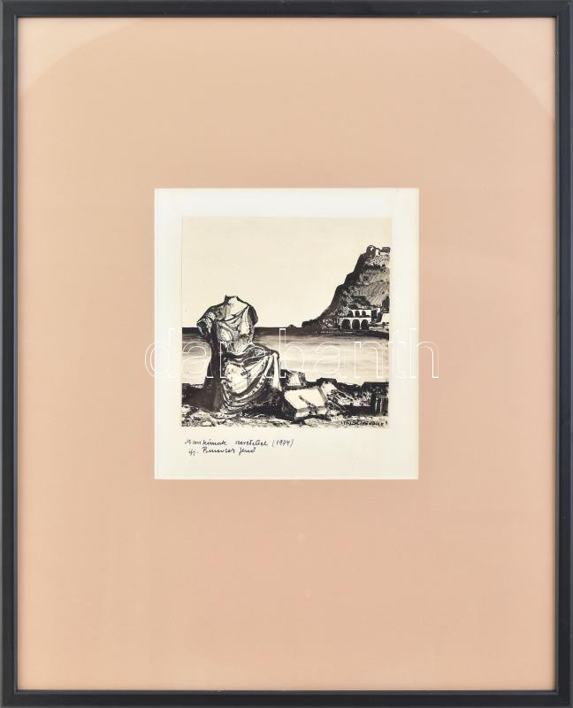 ifj. Benedek Jenő (1939-2019): Táj antik torzóval. Tus, papír, jelzett, ifj. Benedek Jenő autográf ajándékozási soraival 1974-ből. Üvegezett fakeretben, 16×15 cm