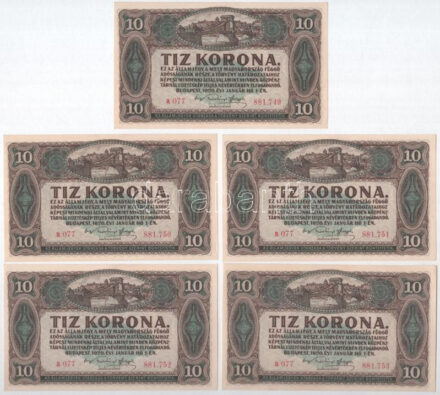1920. 10K (5x) 'a 077 881.749-881.753' sorszámkövetők T:I- az egyiken kis folt Adamo K14