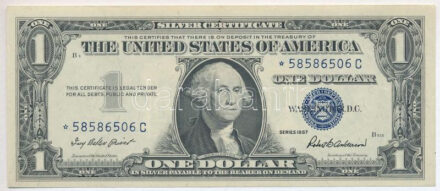 Amerikai Egyesült Államok 1957. 1$ ' * 58586506 C ' Silver Certificate - kisméretű', kék pecsét, 'Ivy Baker Priest - Robert B. Anderson' pótkiadás T:III szép papír USA 1957. 1 Dollar ' * 58586506 C ' 'Silver Certificate - Small size',