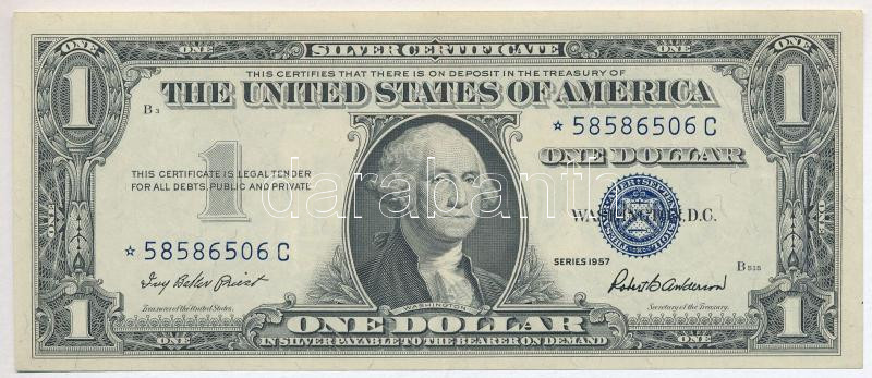 Amerikai Egyesült Államok 1957. 1$ ' * 58586506 C ' Silver Certificate - kisméretű', kék pecsét, 'Ivy Baker Priest - Robert B. Anderson' pótkiadás T:III szép papír USA 1957. 1 Dollar ' * 58586506 C ' 'Silver Certificate - Small size',