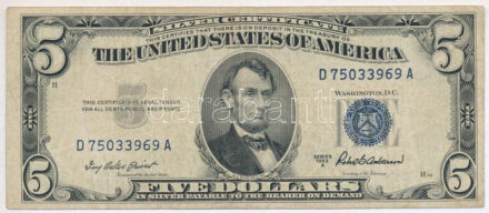 Amerikai Egyesült Államok 1953A 5$ 'D 75033969 A' 'Silver Certificate - kisméretű kék pecsét, Ivy Baker Priest - Robert Bernard Anderson' T:III kis folt USA 1953A 5 Dollars 'D 75033969 A' 'Silver Certificate - Small size blue seal, Ivy Baker