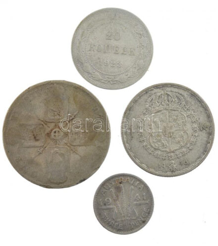 Vegyes 4db-os külföldi Ag érmetétel, közte Ausztrália 1941. 3p Ag 'VI. György' + Nagy-Britannia 1920. 1Fl Ag 'V. György' + Svédország 1946TS 1Kr Ag 'V. Gusztáv' + Szovjetunió 1923. 20K Ag T:2-,3 patina, ph 4pcs of mixed foreign Ag coin