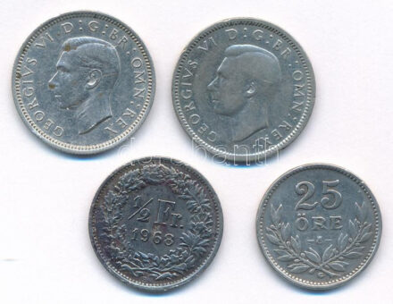 Vegyes: Nagy-Britannia 1943. 6p Ag 'VI. György' (2db) + Svájc 1963. 1/2Fr Ag + Svédország 1937. 25ö Ag T:2-3 patina United Kingdom 1943. 6 Pence Ag 'George VI' (2pcs) + Switzerland 1963. 1/2 Franc Ag + Sweden 1937. 25 Öre Ag C:XF-F patina