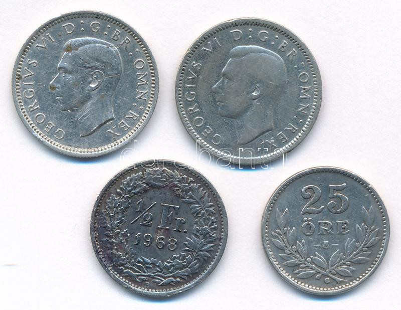 Vegyes: Nagy-Britannia 1943. 6p Ag 'VI. György' (2db) + Svájc 1963. 1/2Fr Ag + Svédország 1937. 25ö Ag T:2-3 patina United Kingdom 1943. 6 Pence Ag 'George VI' (2pcs) + Switzerland 1963. 1/2 Franc Ag + Sweden 1937. 25 Öre Ag C:XF-F patina