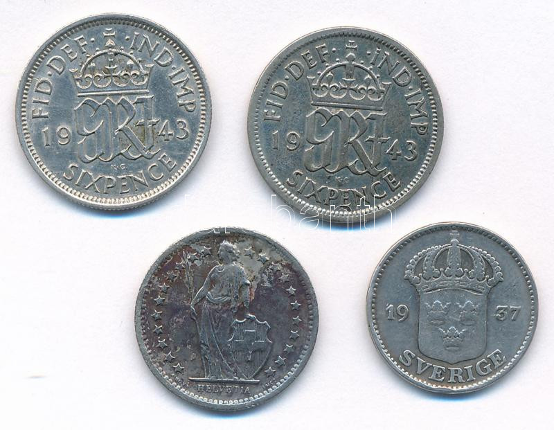 Vegyes: Nagy-Britannia 1943. 6p Ag 'VI. György' (2db) + Svájc 1963. 1/2Fr Ag + Svédország 1937. 25ö Ag T:2-3 patina United Kingdom 1943. 6 Pence Ag 'George VI' (2pcs) + Switzerland 1963. 1/2 Franc Ag + Sweden 1937. 25 Öre Ag C:XF-F patina - Image 2