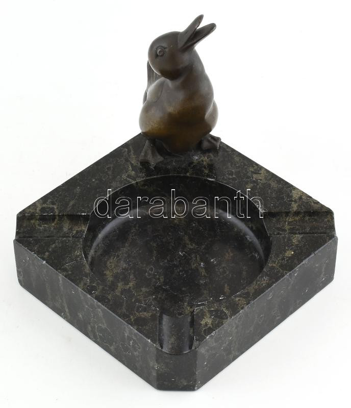 Kő hamutál, bronz kacsával, kopott, 15x15 cm - Image 2