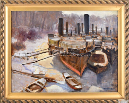 Markó Ernő (1868-1945): Óbudai kikötő hajókkal. Olaj, karton, jelzett. Hátoldalán Szegedi kiállítás 1938 raglapjával és egy további kiállítás címke töredékével. Dekoratív. sérült fakeretben, 44×58 cm