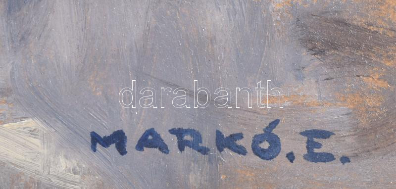 Markó Ernő (1868-1945): Óbudai kikötő hajókkal. Olaj, karton, jelzett. Hátoldalán Szegedi kiállítás 1938 raglapjával és egy további kiállítás címke töredékével. Dekoratív. sérült fakeretben, 44×58 cm - Image 2