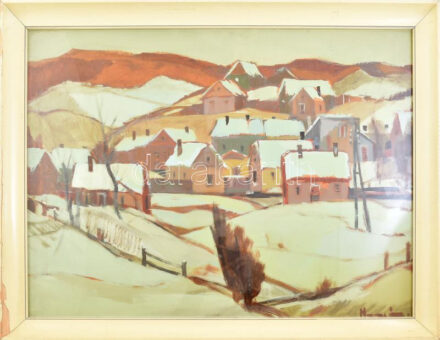 Nagy Ernő Sándor (1926-2013): Téli táj. Olaj, farost, jelezve jobbra lent. Hátoldalán autográf felirattal és Képcsarnok Vállalat címkéjével. Üvegezett fakeretben, 60×80 cm