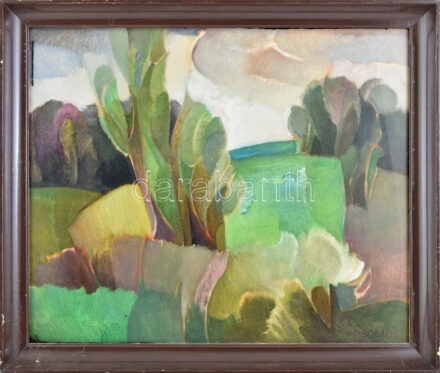 Somos Miklós (1933-2009): Domboldal. Olaj, vászon, jelzett. Hátoldalán autográf felirattal és Képcsarnok Vállalat címkéivel. Üvegezett fakeretben. 50×60 cm