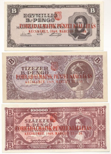 1946. 10.000BP + 1946. 100.000BP + 1946. 1.000.000BP mind 'Forradalmaink Pénzei Kiállítás Kecskemét, 1969. március 23-30' felülbélyegzéssel T:I- Adamo FO15.2.9, FO15.2.10, FO15.2.11