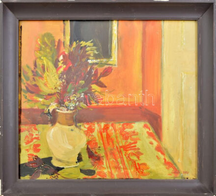Deák Ilona (1943-): Őszi csokor, 1976. Olaj, farost, jelzett. Hátoldalán autográf felirattal és Képcsarnok Vállalat címkéjével. Üvegezett, kissé sérült fakeretben. 45×50 cm