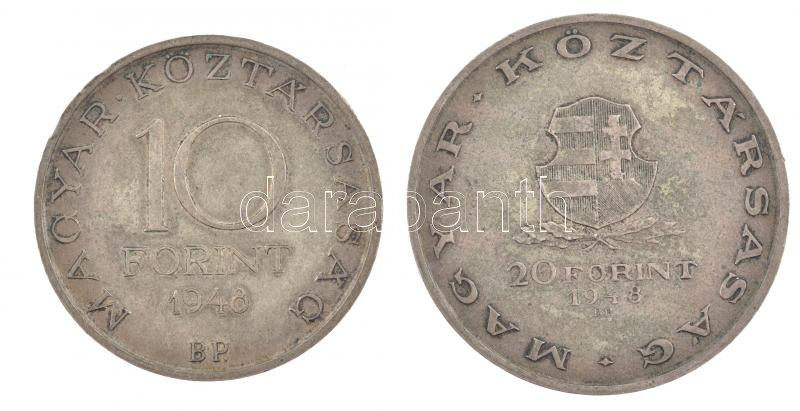 1948. 10Ft Ag 'Széchenyi' + 20Ft Ag 'Táncsics' T:2- patina, ph Adamo EM2, EM3
