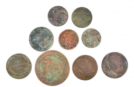1782-1892. Főleg magyar verdejelű érmékből álló érmetétel, közte 1812G 3kr Cu 'I. Ferenc' + 1892KB 1kr Cu 'Fiume-címer' T:3
