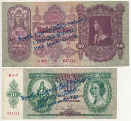 1936. 10P + 1930. 100P + 1946. 100.000.000P + 1946. 1.000.000.000P mind 'Második Régipénz Kiállítás Szolnokon a Damjanich Múzeumban 1968. június 2-9-ig' felülbélyegzéssel T:II-,III Adamo FO35.2.1, FO35.2.3, FO32.2.15, FO35.2.16