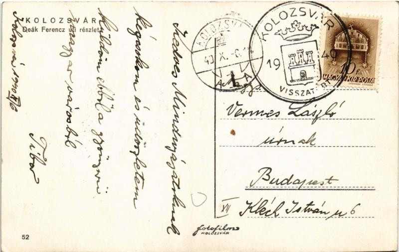 1940 Kolozsvár, Cluj; Deák Ferenc út, Ford képviselet, cukrászda, Dr. Halász gyógyszertár, Dombi, St. Penes üzlete, Perry Automobile Plymouth Dodge / street, automobiles, shops, confectionery, pharmacy + '1940 Kolozsvár visszatért' So. - Image 2