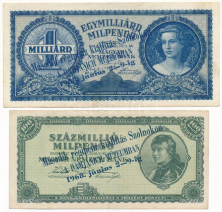 1946. 100.000MP + 1946. 10.000.000MP + 1946. 100.000.000MP + 1946. 1.000.000.000MP mind 'Második Régipénz Kiállítás Szolnokon a Damjanich Múzeumban 1968. június 2-9-ig' felülbélyegzéssel T:III