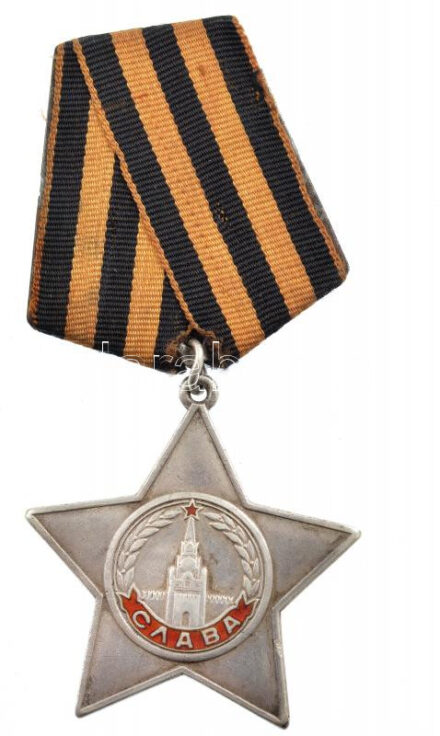 Szovjetunió 1943. 'Dicsőség rendje, III. osztály' Ag kitüntetés mellszalaggal, hátoldalán gravírozott '111089' sorszám T:2,2- Soviet Union 1943. 'Order of Glory, 3rd Class' Ag decoration with ribbon with engraved '111089' serial number