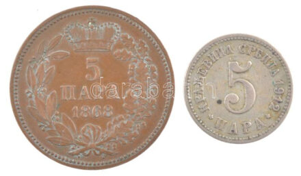 Szerbia 1868. 5p bronz 'III. Obrenović Mihály' + 1912. 5p Cu-Ni T:2- Serbia 1868. 5 Para bronze 'Mihailo Obrenović III' + 1912. 5 Para Cu-Ni C:VF Krause KM#2, KM#18