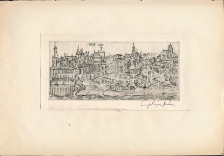 Olvashatatlan jelzéssel, XX. sz. második fele: Buda, 1470 (Hartmann Schedel: Buda város látképe után). Rézkarc, papír, papírra kasírozva. 7,5x17 cm