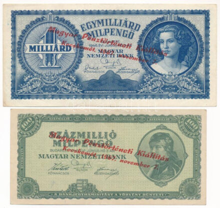 1946. 100.000MP + 1946. 100.000.000MP + 1946. 1.000.000.000MP + 1946. 10.000BP mind 'Magyar Pénztörténeti Kiállítás Kecskemét, 1967. november 7.' felülbélyegzéssel T:I-,III Adamo FO15.1.12, FO15.1.15, FO15.1.16, FO15.1.17