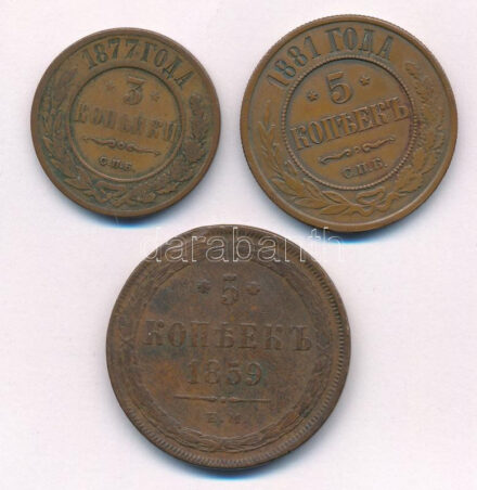 Orosz Birodalom 1859. 5k Cu + 1877. 3k Cu + 1881. 5k Cu T:2-,3 Russian Empire 1859. 5 Kopecks Cu + 1877. 3 Kopecks Cu + 1881. 5 Kopecks Cu C:VF,F Krause Y#6a, Y#11.2, Y#12.2