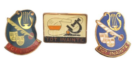 Románia ~1980. 'Egyenesen előre' 3xklf zománcozott és műgyantás fém jelvény T:1-,2 közte műgyanta hiba, sérült tű Romania ~1980. 'Tot Înainte' 3xdiff enamelled and synthetic resin metal badge C:AU,XF among resin error, damadged pin