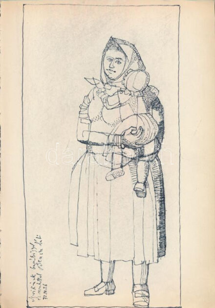 Bencze László (1907-1992): Anya gyermekével. Tus, papír, jelzett, Bencze László autográf ajándékozási soraival 1972-ből. 30x21 cm