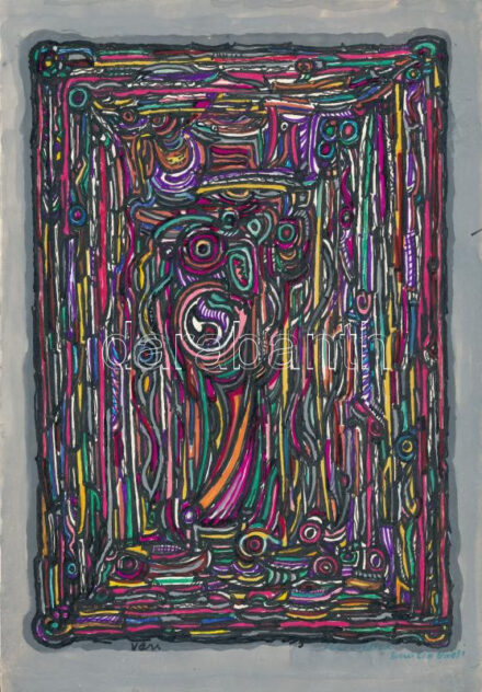 Vén Emil (1902-1984): Absztrakt kompozíció, 1970-es évek. Filctoll, akvarell, papír, jelezve balra lent: Vén. Vén Emil autográf ajánlási soraival ('Szeretettel, Emilio bácsi'). Lapszéli apró szakadással. 30×21 cm.