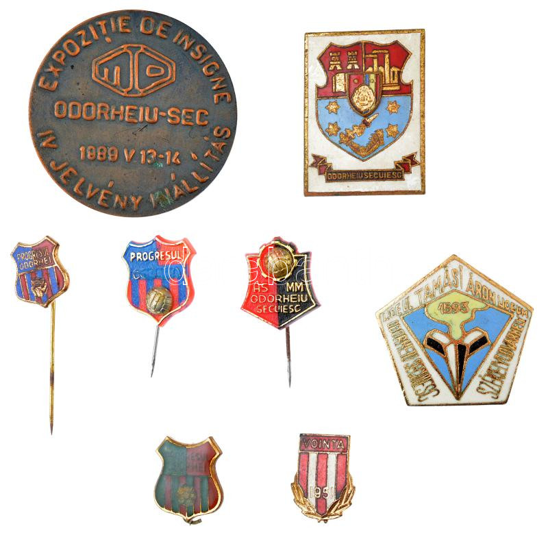 Románia ~1980. 8 darabos Székelyudvahely tematikájú zománcos, fém és műanyag jelvény tétel, közte 'Tamási Áron Líceum - Székelyudvarhely','Jelvény Kiállítás','Haladás Udvarhely' T:1-2 patina, hiányzó tű Romania ~1980. 8pieces