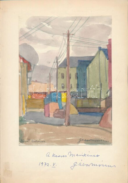 Gábor Móric (1889-1987): Budapesti külváros. Akvarell, papír, jelezve jobbra lent. Gábor Móric autográf ajánlási soraival 1972-ből. Papírra kasírozva. 21x15 cm.
