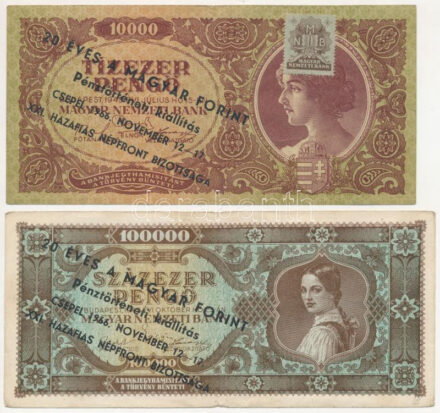 1945. 50P + 1945. 1000P + 1945. 10.000P + 1946. 100.000P mind '20 éves a magyar forint Pénztörténeti kiállítás Csepel 1966. november 12-17 XXI. Hazafias Népfront Bizottsága' felülbélyegzéssel T:III Adamo FF2.3.5, FF2.3.11, FF2.3.13,