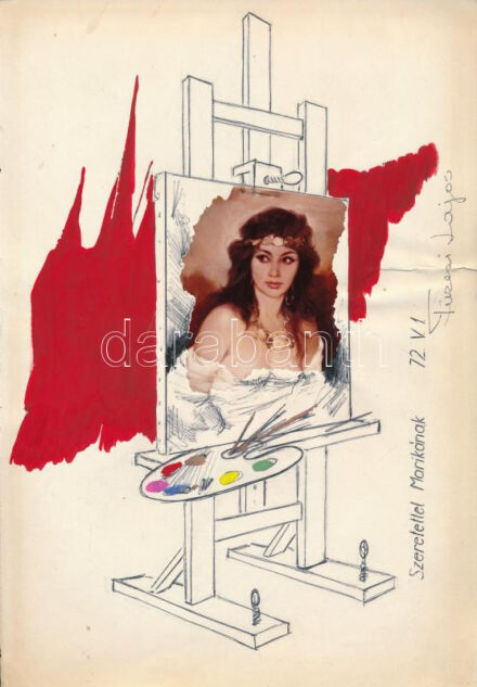 Füzesi Lajos (1931-2005): Műtermi erotikus karikatúra (cím nélkül). Gouache, golyóstoll, ceruza, kollázs, papír, jelezve jobbra középen. Füzesi Lajos autográf ajánlási soraival 1972-ből. Lapszéli törésnyommal, 30x21 cm.