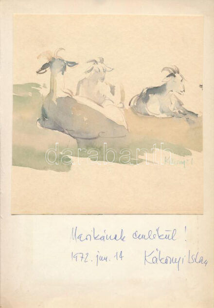 Kákonyi István (1917-1993): Kecskék. Akvarell, papír, jelezve jobbra lent. Papírra kasírozva, Kákonyi István autográf ajánlási soraival 1972-ből. 19x18 cm.