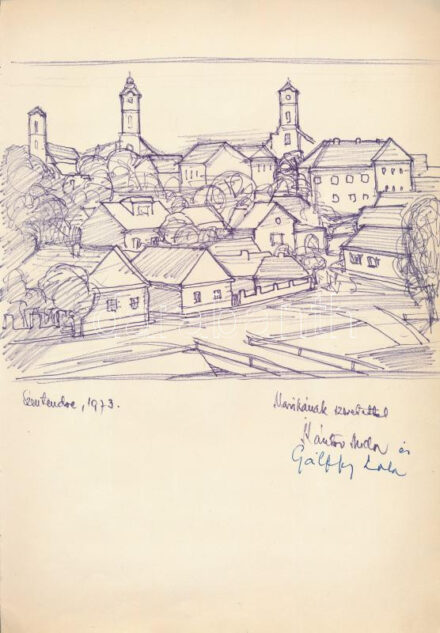 Kántor Andor (1901-1990): Szentendre látképe, 1973. Filctoll, papír, jelezve jobbra lent Kántor Andor autográf ajánlási soraival és felesége, Gálffy Lola (1902-1980) autográf aláírásával. 19x18 cm.