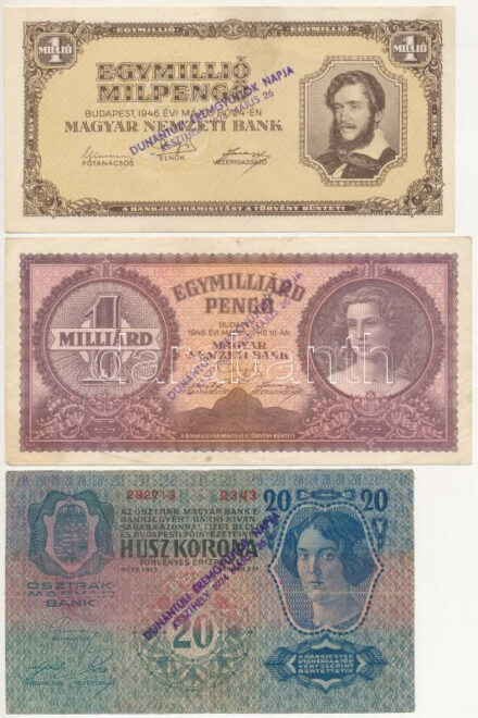 1913. 20K + 1946. 1.000.000P + 1946. 1.000.000MP mind 'Dunántúli Éremgyűjtők Napja Keszthely 1974 május 26' felülbélyegzéssel T:III Adamo FO16.1.4, FO16.1.21, FO16.1.24