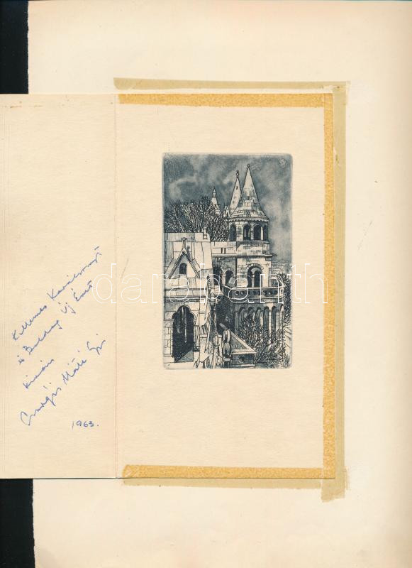 Csurgói Máté Lajos (1931-2001): Halászbástya. Rézkarc, papír, jelzett, Csurgói Máté Lajos autográf ajándékozási soraival 1963-ból. Papírra kasírozva. 11x6,5 cm.