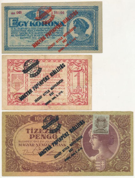 1919. 1K + 1920. 1K + 1945. 10.000P mind 'Magyar Papírpénz Kiállítás József Attila Művelődési Ház Dorog, 1966. X. 13-16.' felülbélyegzéssel T:III Adamo FO8.1.1