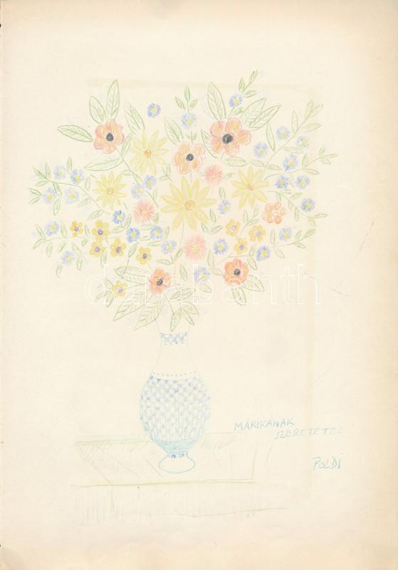 Böhm Lipót 'Poldi' (1916-1995): Csendélet. Színes ceruza, papír, jelzett, Böhm Lipót 'Poldi' autográf ajándékozási soraival. 30x21 cm.