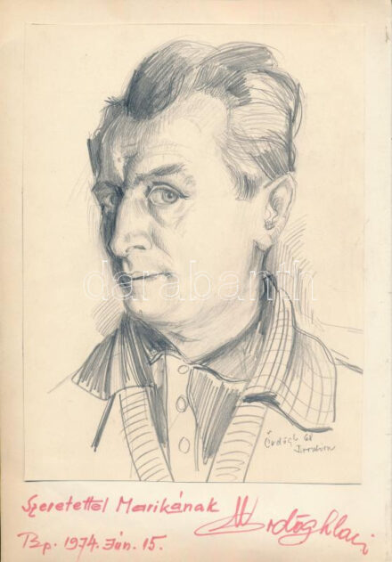 Ördögh László (1923-2007): Önarckép, 1968. Ceruza, papír, jelzett, papírra kasírozva, Ördögh László autográf ajándékozási soraival 1974-ből. 24x18 cm.