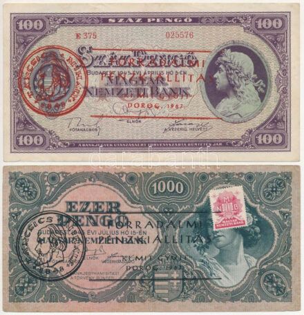 1945. 100P + 1945. 1000P mind 'Forradalmi Pénzkiállítás - 'Ki mit gyűjt' - Dorog 1967.' felülbélyegzéssel T:III Adamo FO8.3.3, FO8.4.2