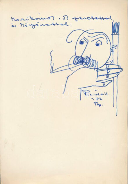 Pleidell János (1915-2007): Önarckép, 1972. Filctoll, papír, jelezve jobbra lent, lap tetején Pleidell János autográf ajándékozási soraival. 30x21 cm.