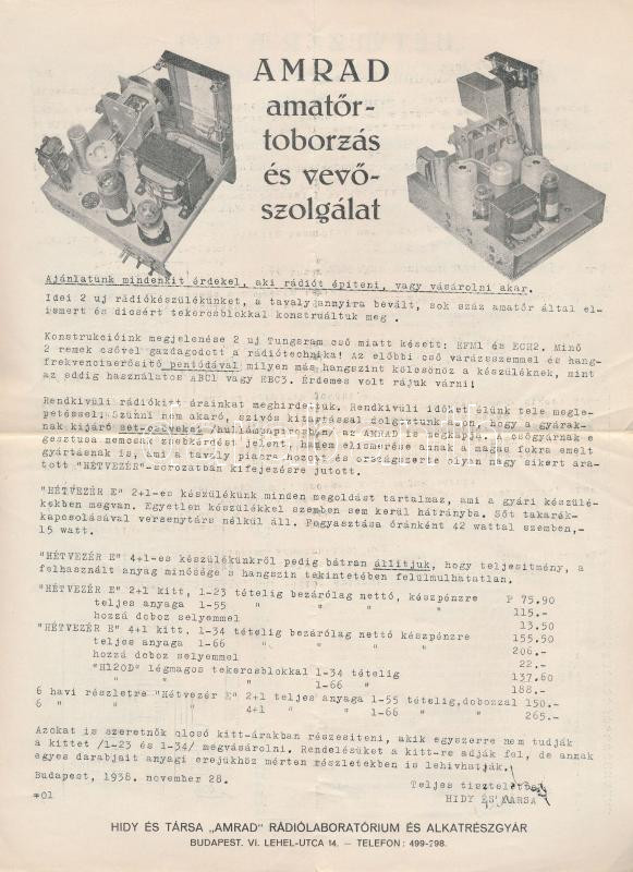 1938 Hidy és Társa 'AMRAD' Rádiólaboratórium és Alkatrészgyár A4-esre kinyitható négy oldalas reklámja. Budapest, Lehel utca 14.